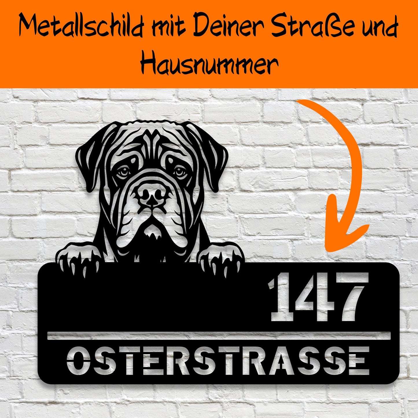 Personalisiertes Metallschild - Mastiff mit Straße und Hausnummer