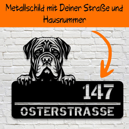 Personalisiertes Metallschild - Mastiff mit Straße und Hausnummer