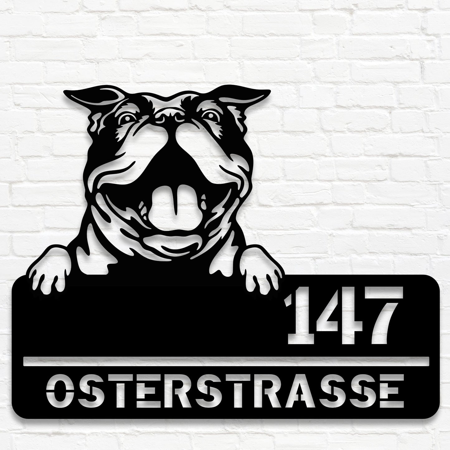 Bulldogge - Stahlschild mit Straße/Name und Hausnummer