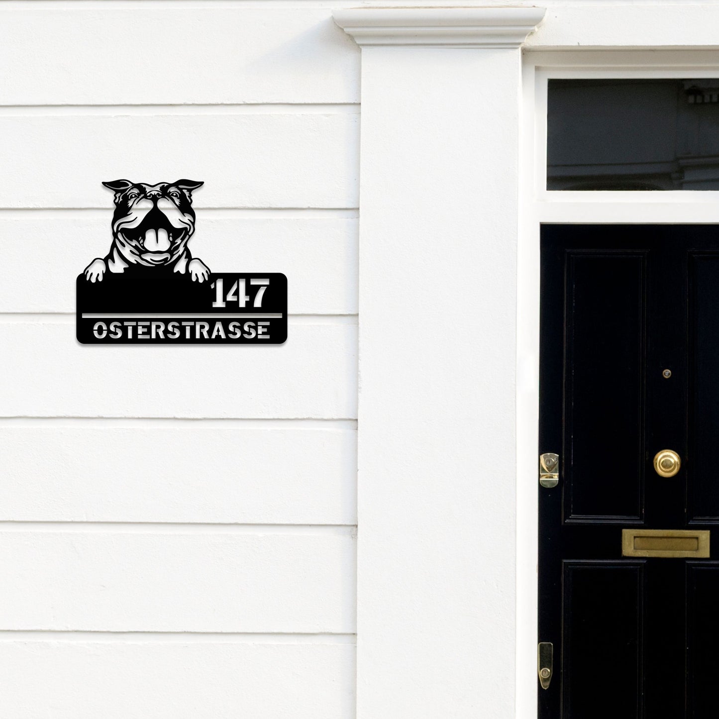 Bulldogge - Stahlschild mit Straße/Name und Hausnummer
