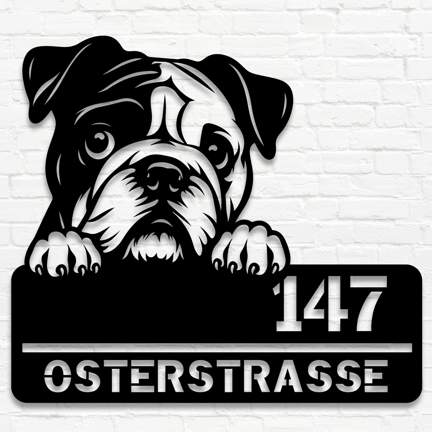 Bulldogge - Stahlschild mit Straße/Name und Hausnummer