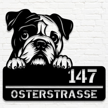 Bulldogge - Stahlschild mit Straße/Name und Hausnummer