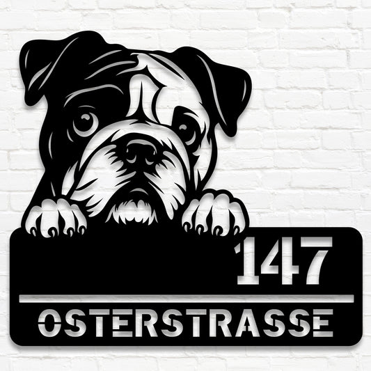 Bulldogge - Stahlschild mit Straße/Name und Hausnummer