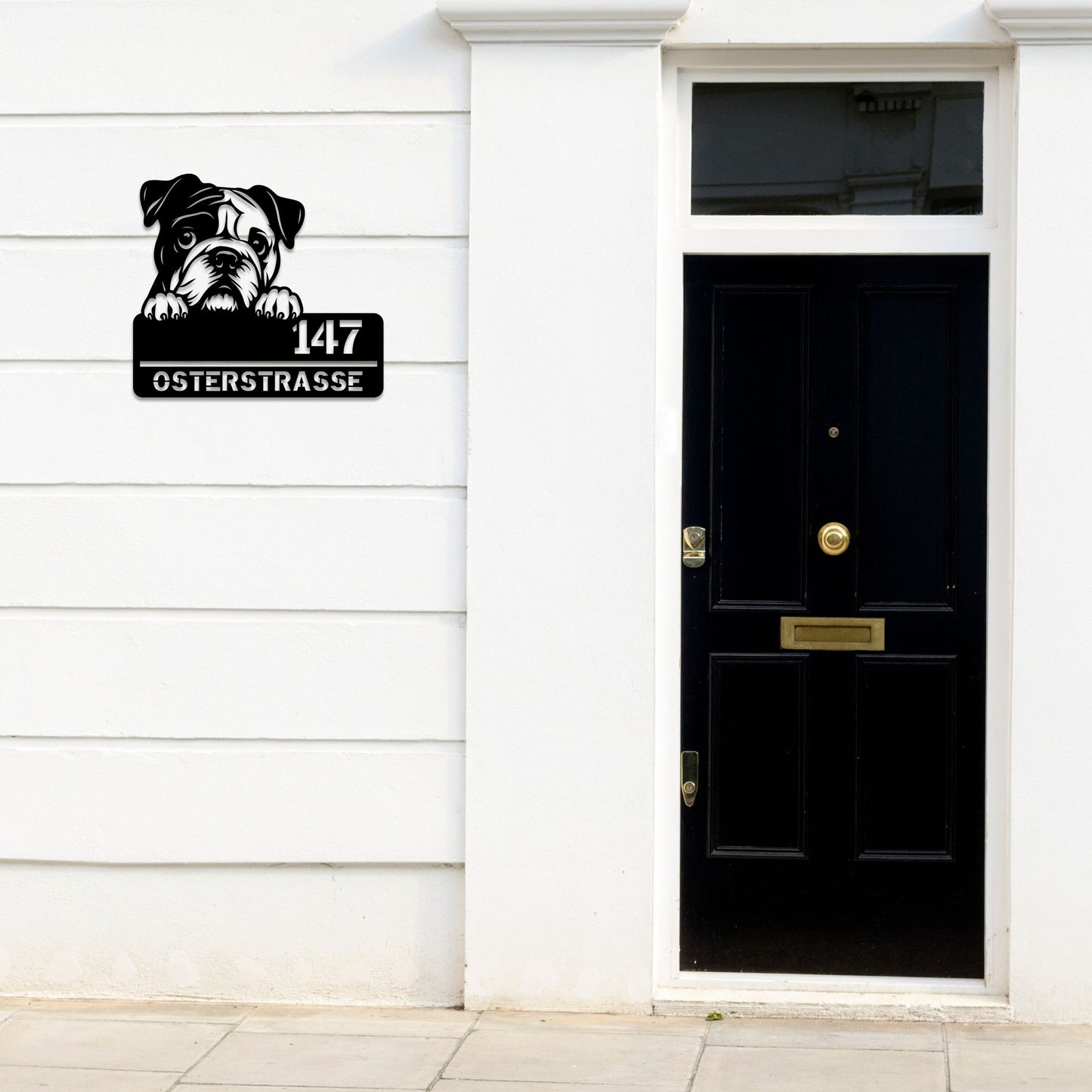 Bulldogge - Stahlschild mit Straße/Name und Hausnummer