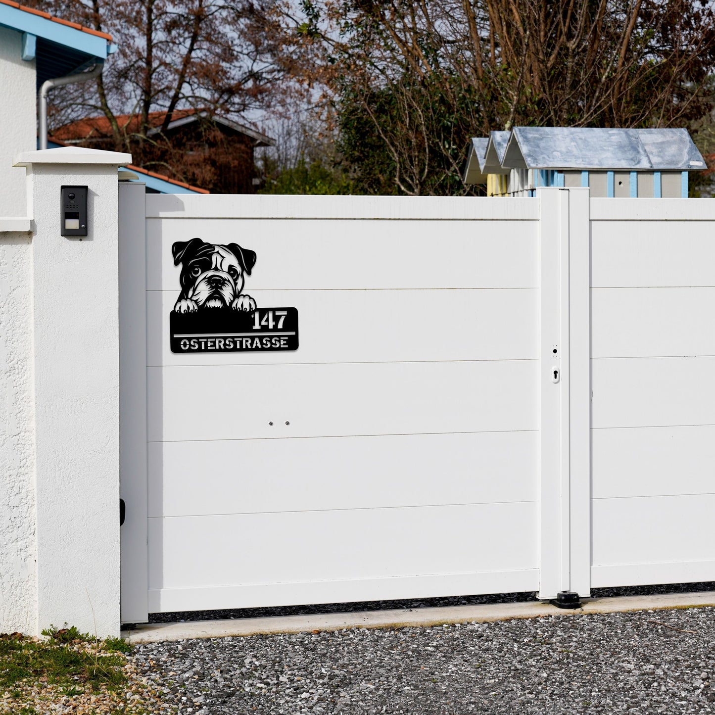 Bulldogge - Stahlschild mit Straße/Name und Hausnummer