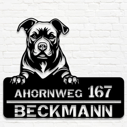 Stahlschild mit Pitbull Hausnummern und Name