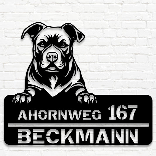 Stahlschild mit Pitbull Hausnummern und Name
