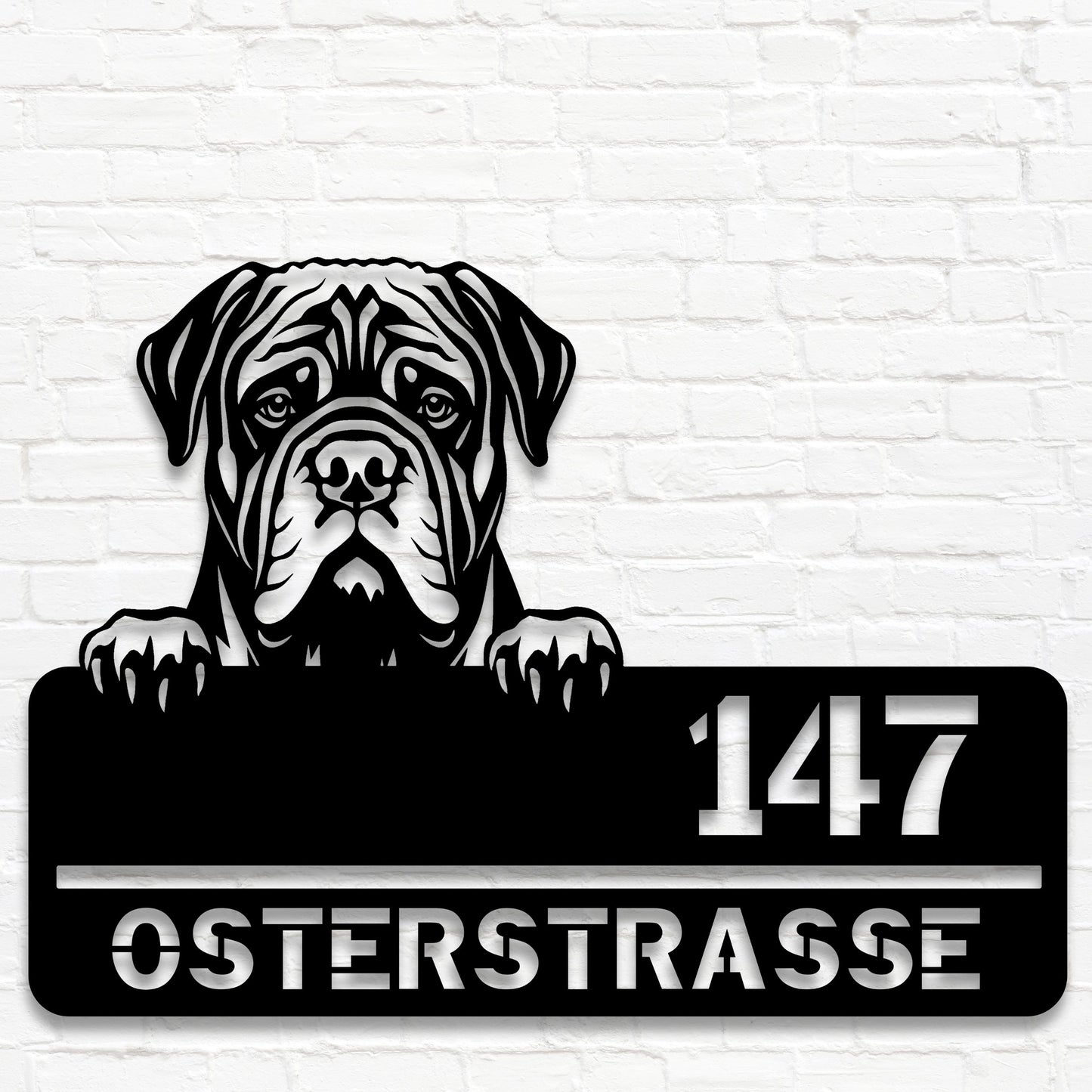 Personalisiertes Metallschild - Mastiff mit Straße und Hausnummer