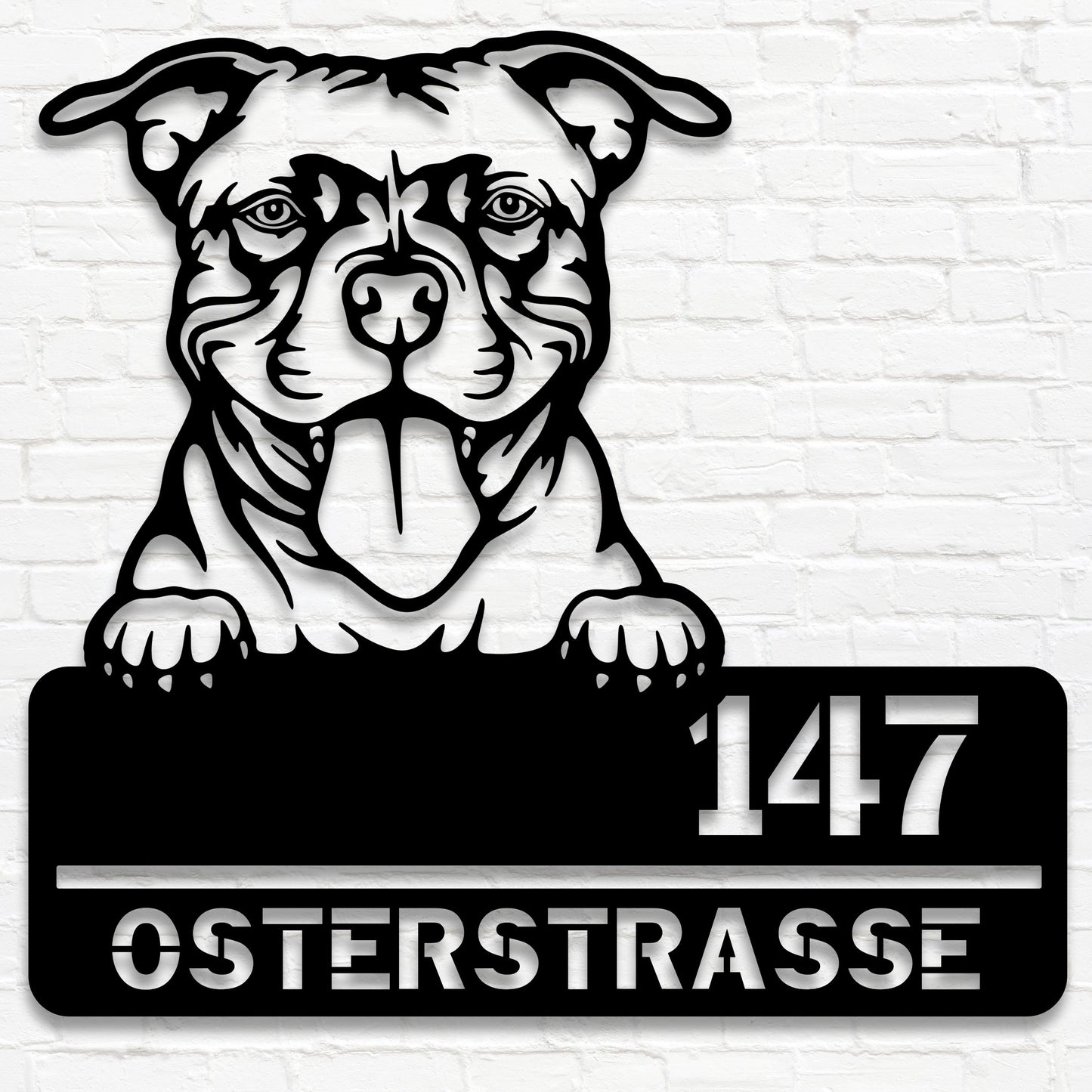 Staffordshire Terrier - Stahlschild mit Straße/Name und Hausnummer