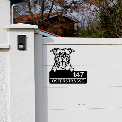 Staffordshire Terrier - Stahlschild mit Straße/Name und Hausnummer
