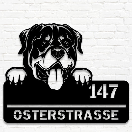 Rottweiler - Stahlschild mit Straße/Name und Hausnummer