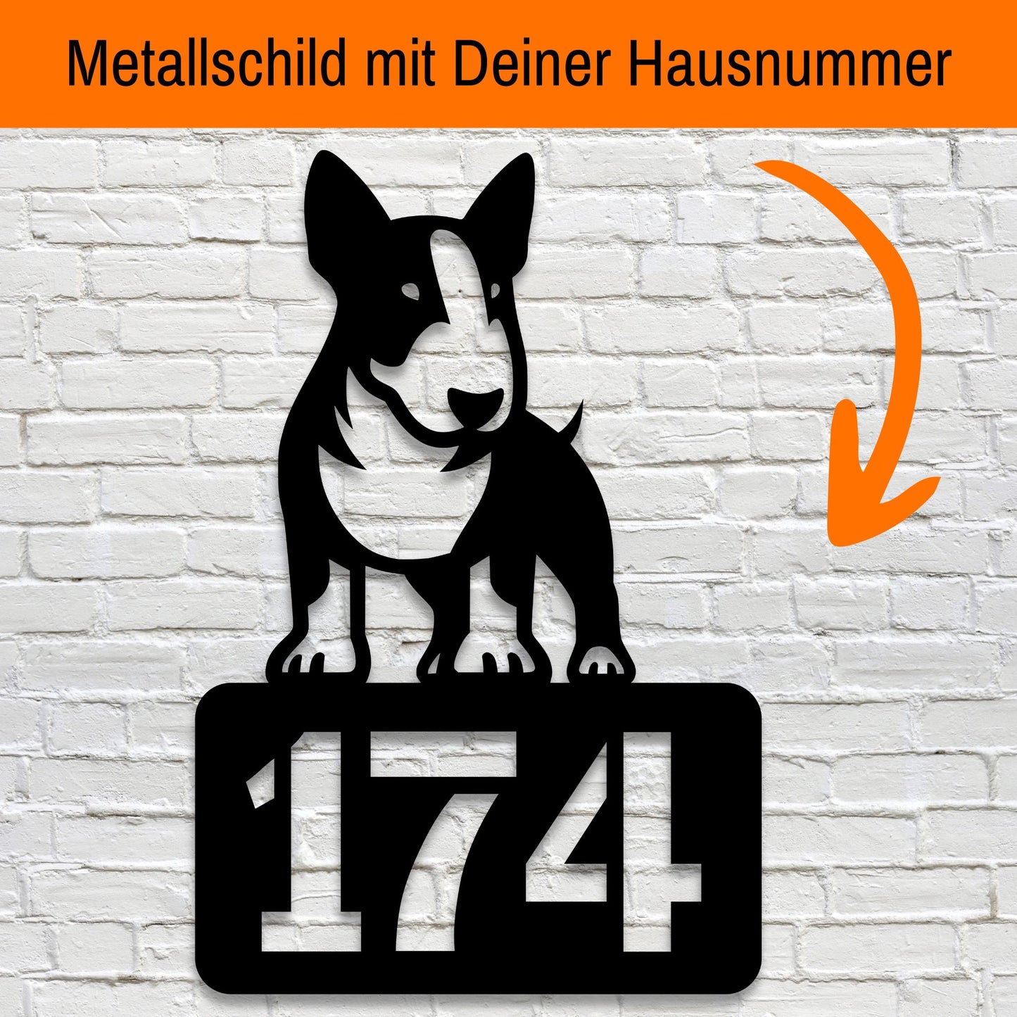 Individuelles Hausnummernschild mit Bullterrier