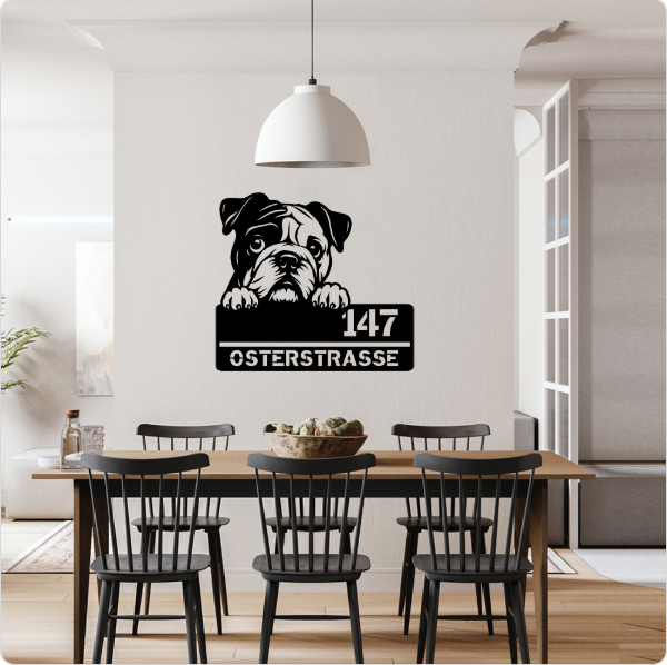 Bulldogge - Stahlschild mit Straße/Name und Hausnummer