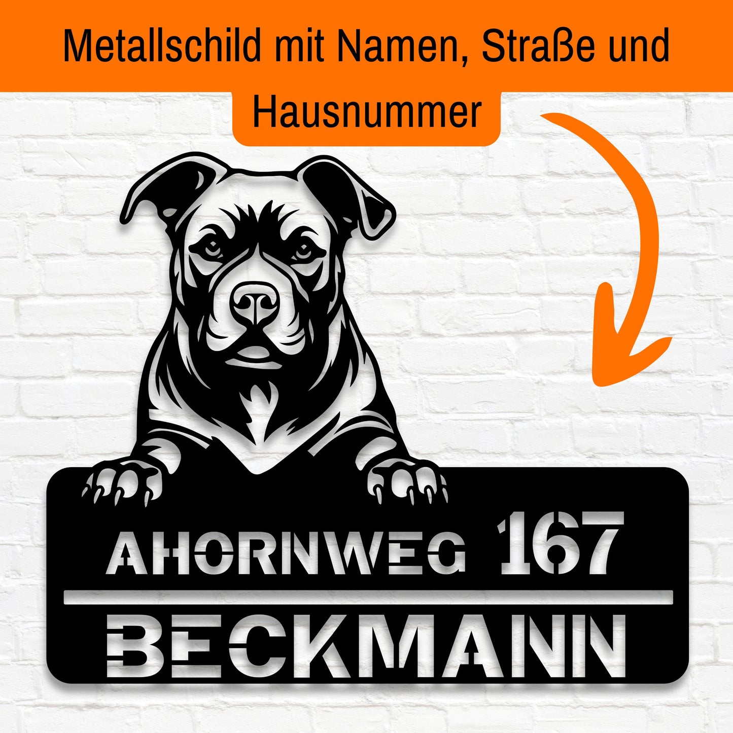 Stahlschild mit Pitbull Hausnummern und Name