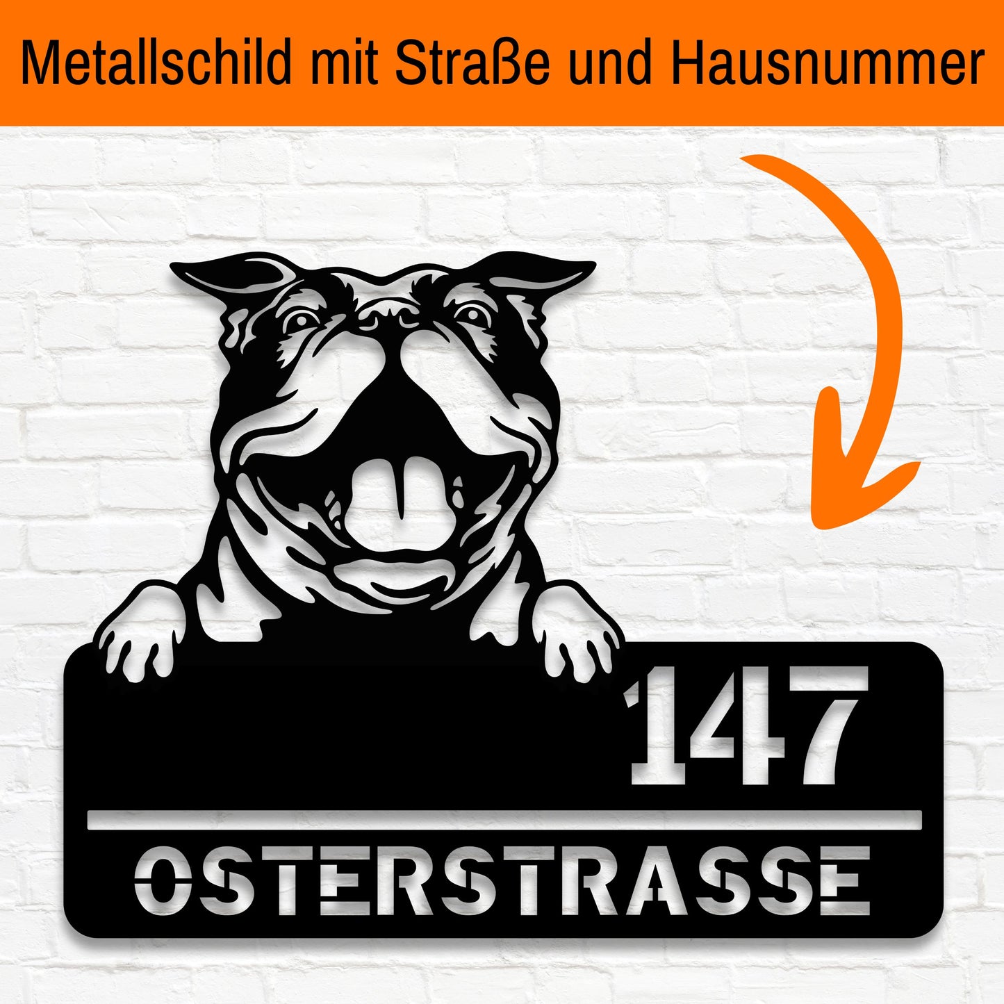 Bulldogge - Stahlschild mit Straße/Name und Hausnummer